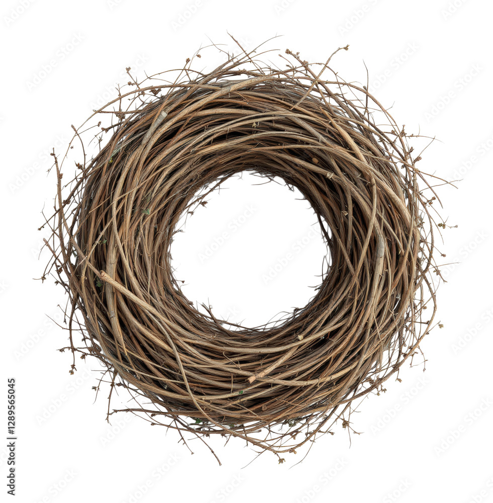 Obraz premium Intricately Woven Natural Twig Nest Symbolizing Home and Nature's Craftsmanship, Perfect for Rustic and Eco-Friendly Decor, Isolated on Transparent and White Background
