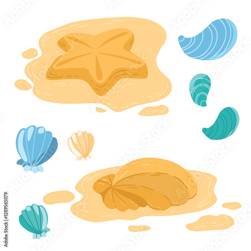 Vector sand molds in the shape of a starfish and a large seashell