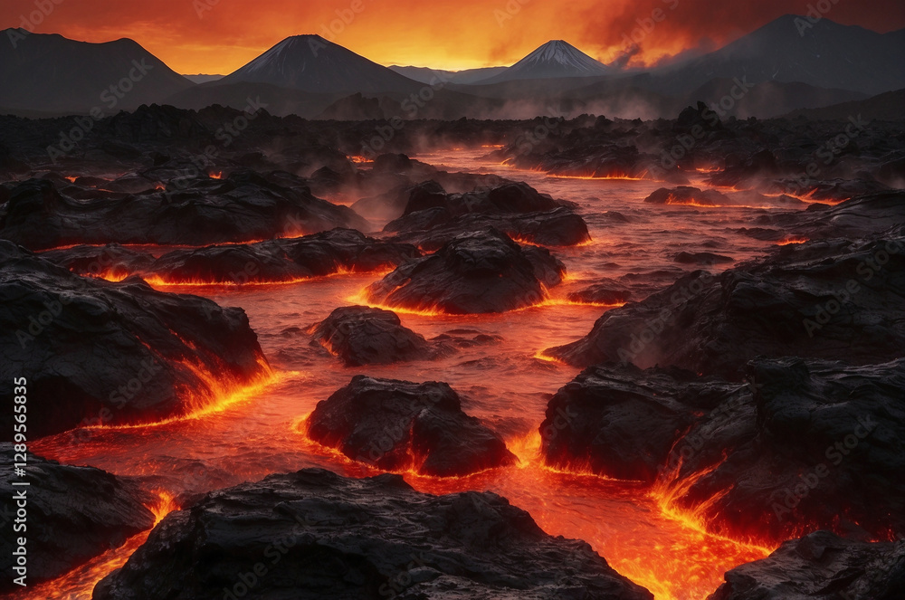 Fototapeta premium Dramatic Active Volcanic Eruption at Sunset with Glowing Lava Streams and Billowing Smoke, Capturing Raw Natural Power