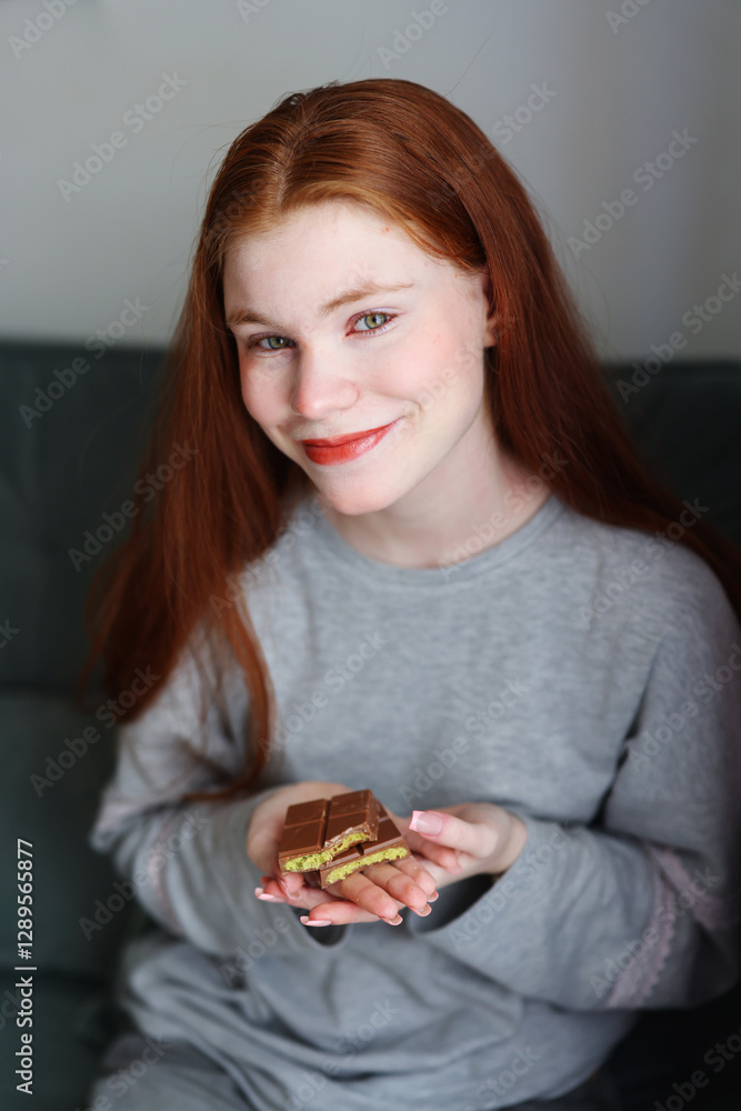 Girl hold in a hand Dubai chocolate with pistachio paste and kataifi dough in hands of girl. Girl hold in a hand Dubai chocolate with pistachio paste and kataifi dough in hands of girl.