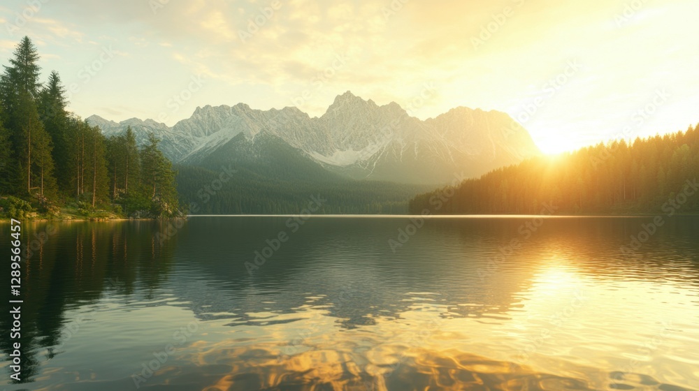 Fototapeta premium Impressive summer sunrise on Eibsee lake with Zugspitze mountain range. Sunny outdoor scene in German Alps, Bavaria, Germany, Europe. Beauty of nature concept background.