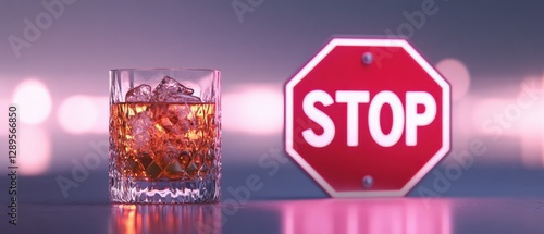 glass of whiskey with ice and a stop sign