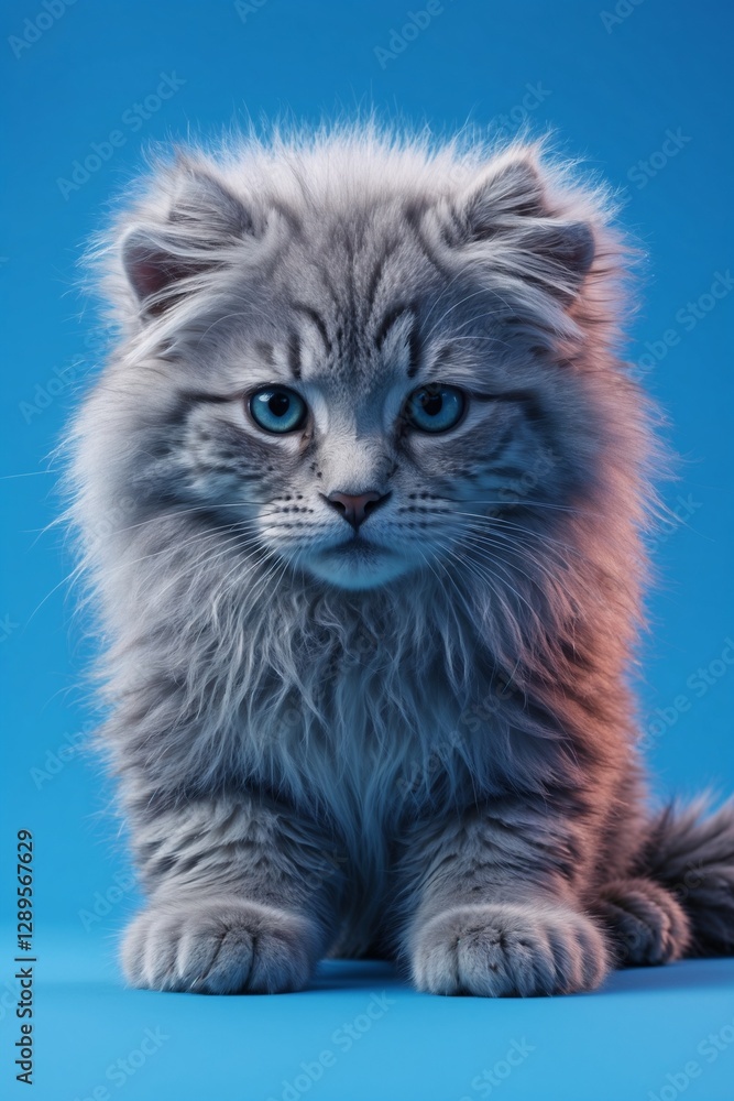 Fluffy Gray Kitten with Blue Eyes on Blue Background
