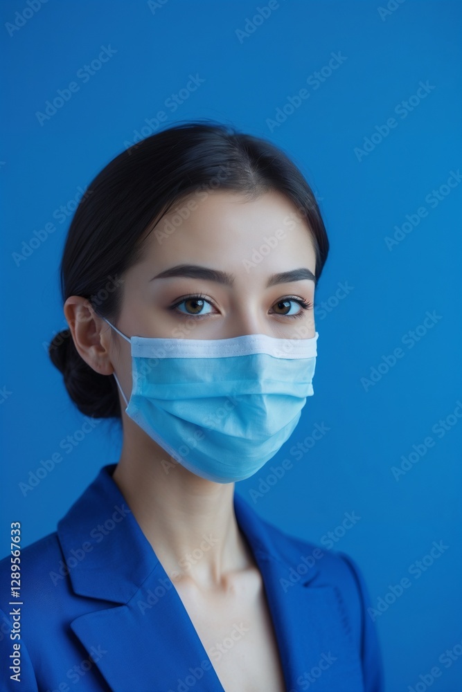Professional Woman in Blue Suit and Mask Against Blue Background Professional Woman in Blue Suit and Mask Against Blue Background