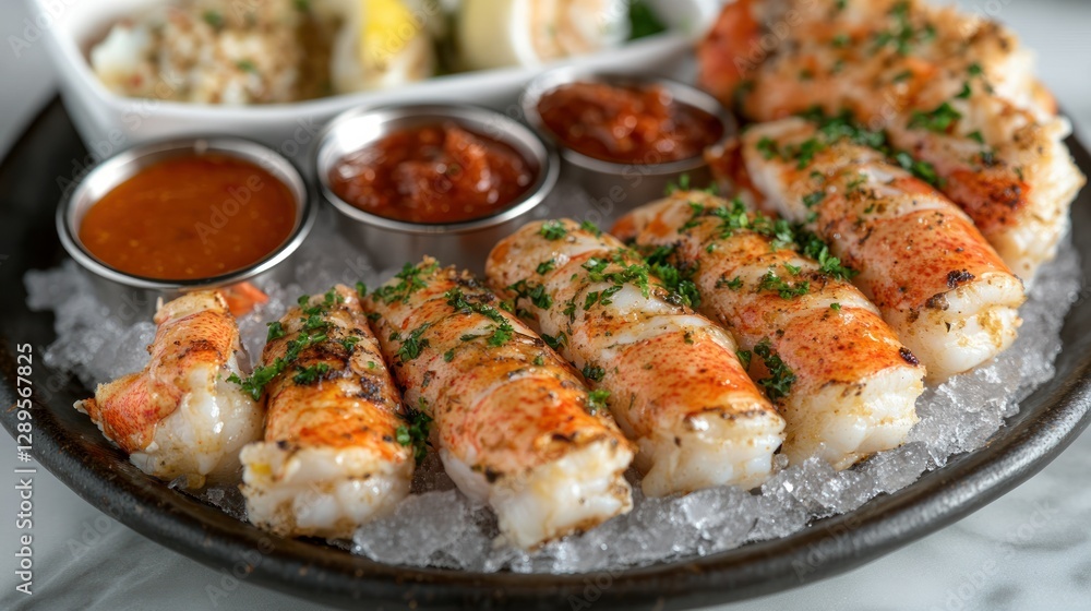Grilled seafood platter with sauces, restaurant, ice Grilled seafood platter with sauces, restaurant, ice
