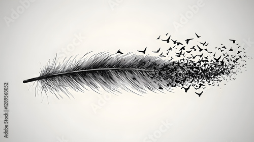 A feather dissolving into a flock of flying birds symbolizing freedom and transcendence.