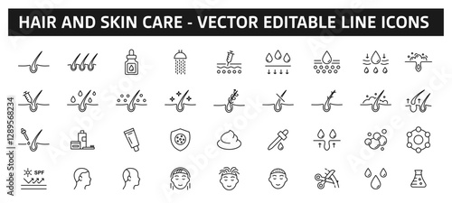 Hair and Skin Care, Shampoo - vector line editable icons. Hair and skin health product icons.
