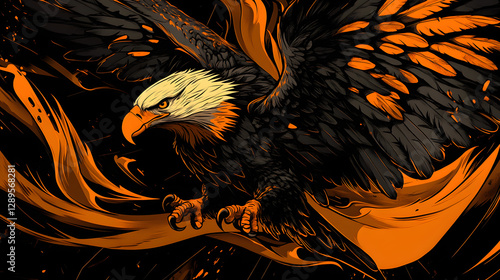 A fierce eagle in mid-flight clutching a banner with intricate feather details.