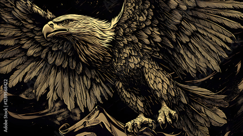 A fierce eagle in mid-flight clutching a banner with intricate feather details.