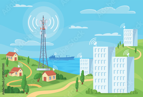 Telecom tower signal. City wireless telecommunications, 5g 4g lte internet coverage cell antenna radio transmitter television receiver connected houses, neat vector illustration