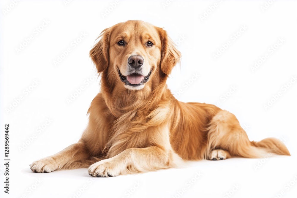 Golden Retriever lying down and relaxed – A calm and happy dog lying on a white background, ideal for ads about animal well-being, dog care, and pet shops. Golden Retriever lying down and relaxed – A calm and happy dog lying on a white background, ideal for ads about animal well-being, dog care, and pet shops.