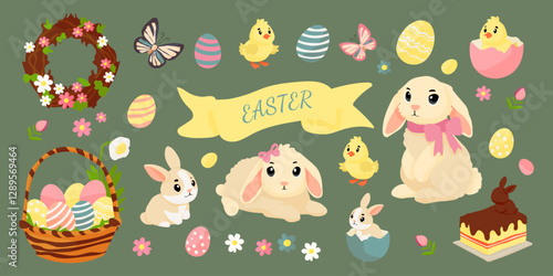 Easter is the theme of this image, featuring various Easter-related items such as eggs, rabbits, and a cake