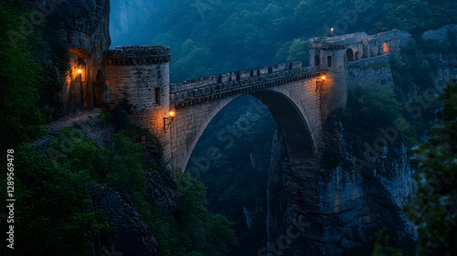 A fortified knight bridge crossing a deep canyon with guards patrolling and torches lighting the stone structure.