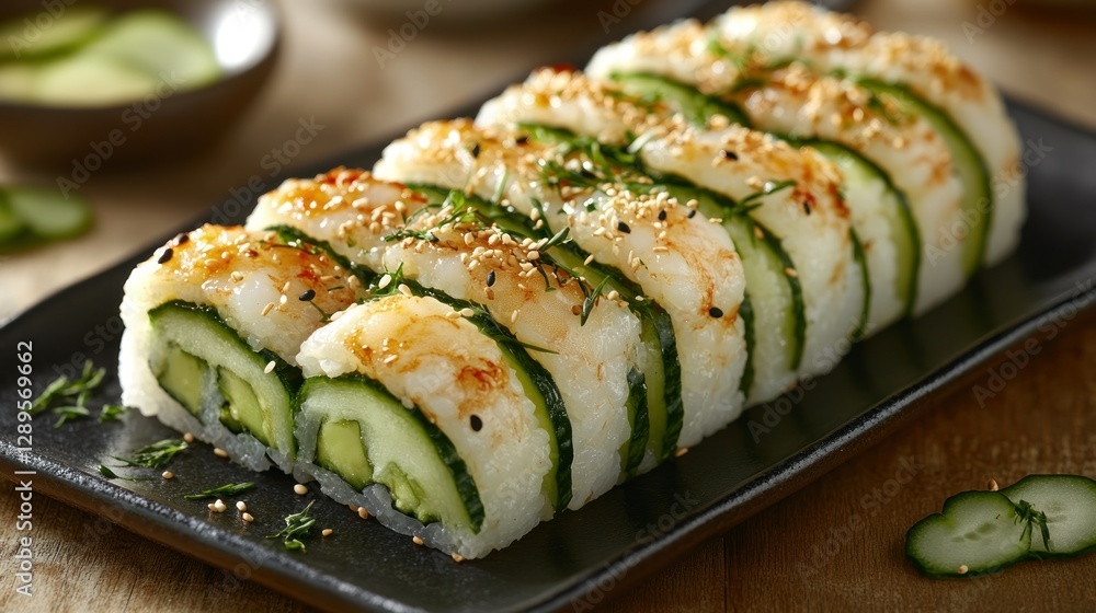 Grilled shrimp sushi roll, cucumber, sesame, avocado, restaurant, wooden table Grilled shrimp sushi roll, cucumber, sesame, avocado, restaurant, wooden table
