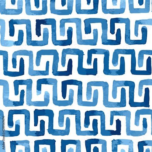 Blue meander seamless vector pattern, greek line water wave motif