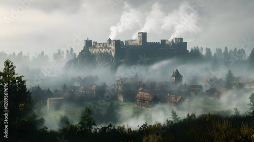 A fortified knight city atop a hill surrounded by deep forests and rolling fields with smoke rising from chimneys.