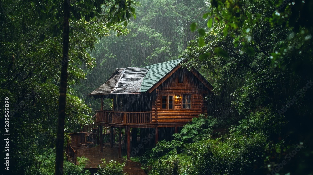 A wooden cabin nestled in the forest trees, surrounded by lush greenery. The pitter-patter of raindrops creates a symphony on the roof. A wooden cabin nestled in the forest trees, surrounded by lush greenery. The pitter-patter of raindrops creates a symphony on the roof.