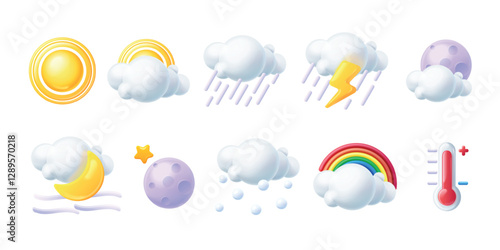 3d rainbow weather. Render climate forecast symbols, sun moon day night clouds hot thermometer lightning rain design realistic cartoon season icons set exact vector illustration