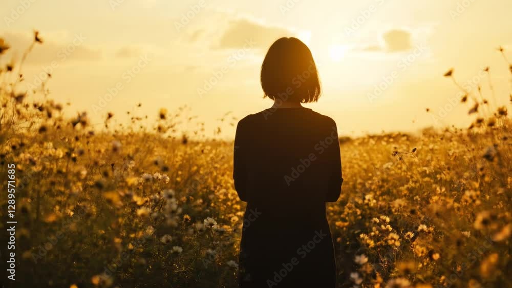 A serene back view of a woman strolling through a vibrant flower field bathed in gentle, golden light. The peaceful scene evokes harmony, freedom, and a deep connection with nature A serene back view of a woman strolling through a vibrant flower field bathed in gentle, golden light. The peaceful scene evokes harmony, freedom, and a deep connection with nature