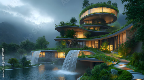 A futuristic eco-hotel with spiraling gardens on its exterior and waterfalls flowing into a central pond.