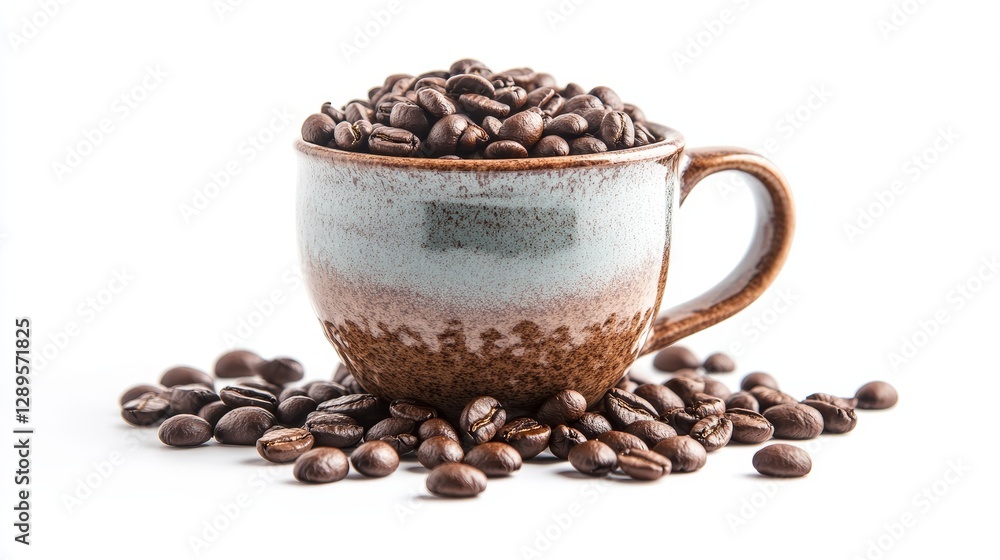 Fototapeta premium Coffee mug with grinded coffee beans, isolated on a white background.