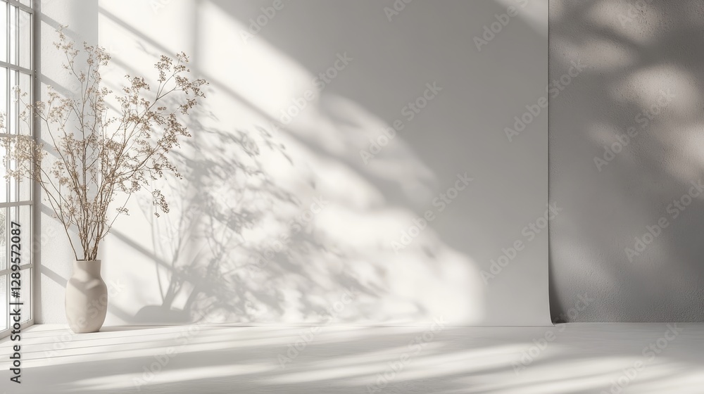 Fototapeta premium Create a clean white backdrop for your product photos. The neutral gray room has window shadows, providing soft lighting. Showcase your product in a professional setting with a blurred background.