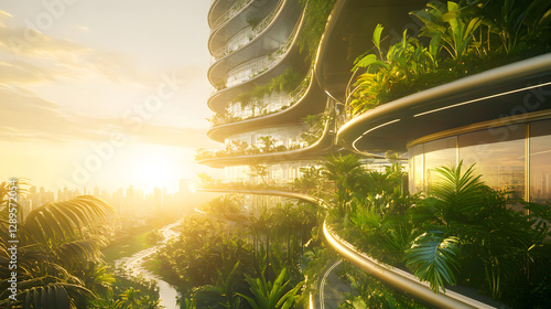 A futuristic greenhouse tower with spiraling walkways glass panels and tropical plants growing inside and out.