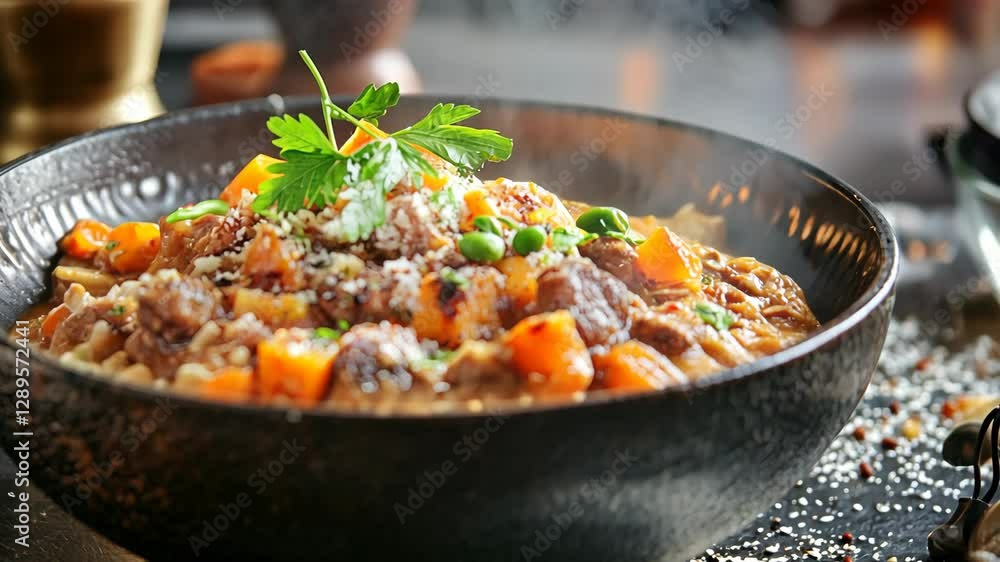 Delicious stew served in a rustic bowl with herbs and vegetables on a wooden table in a cozy setting Delicious stew served in a rustic bowl with herbs and vegetables on a wooden table in a cozy setting