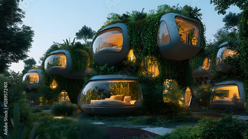 A futuristic hotel with rooms inside pods surrounded by cascading vines and vertical gardens.