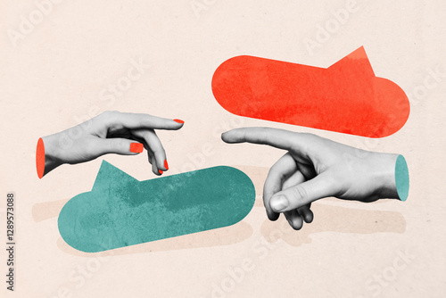 Creative sketch art collage of two human hands reach each other bubble communication chat dialogue speech discussion body language
