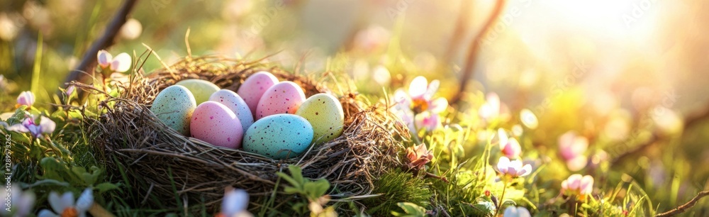 Colorful Easter eggs in a bird's nest on a green grass meadow with spring flowers and sunrays Wide banner format for web design or social media post template Background with copy space Generative AI Colorful Easter eggs in a bird's nest on a green grass meadow with spring flowers and sunrays Wide banner format for web design or social media post template Background with copy space Generative AI
