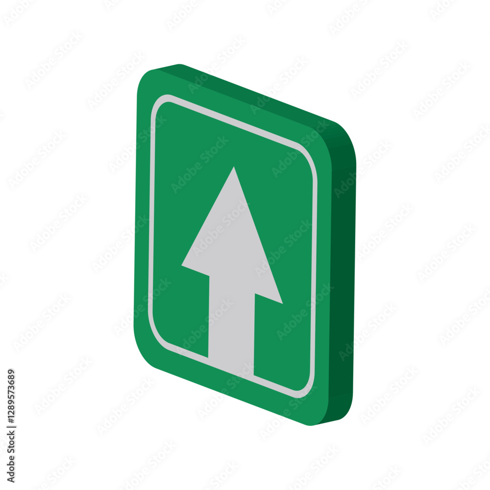 Isometric Vector Illustration of a Green Traffic Sign Indicating Straight Ahead Direction with White Arrow Isometric Vector Illustration of a Green Traffic Sign Indicating Straight Ahead Direction with White Arrow
