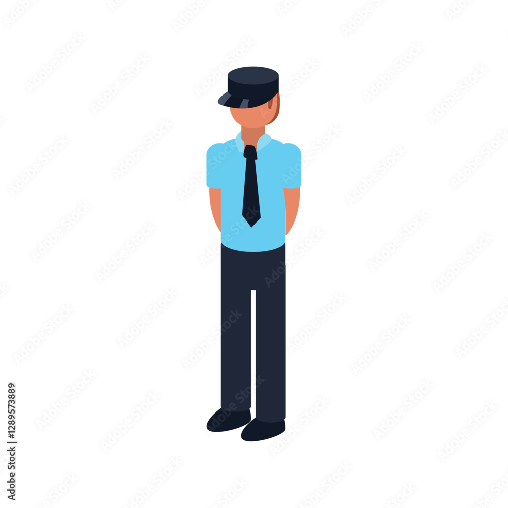 Isometric Vector Illustration of a Security Guard in Uniform with Cap and Tie Standing in Professional Posture Isometric Vector Illustration of a Security Guard in Uniform with Cap and Tie Standing in Professional Posture