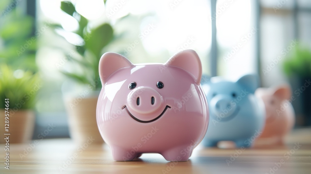pink piggy bank saving money on a table pink piggy bank saving money on a table