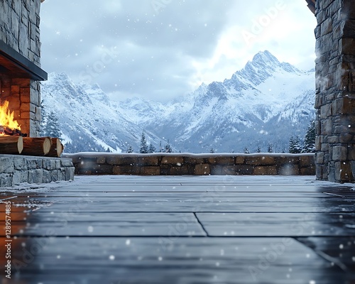 Snowy mountain view from stone patio photo