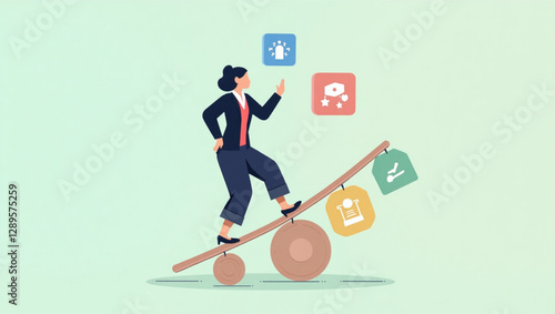 Businesswoman Balancing Icons Representing Strategic Business Actions