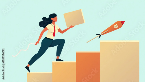 Businesswoman constructing steps to success, representing ambition, achievement, upskilling, and personal development