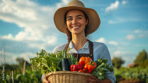 a smiling female farmer wearing a hat and apron, holding a basket of vegetables and standing in a field with a blue sky background. The concept represents healthy eating