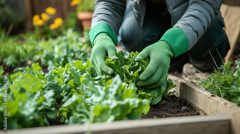 Naklejka premium Female gardener planting lettuce in the garden, wearing gloves and a green jacket, with a springtime banner background.