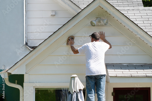 Man stand on ladder to clean house siding and eaves under the gable