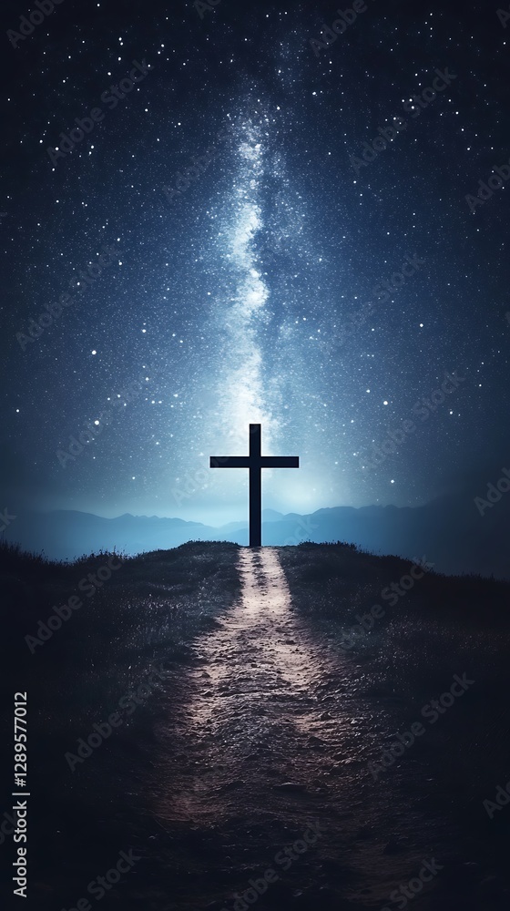 Naklejka premium A silhouetted cross and a celestial Milky Way night sky
