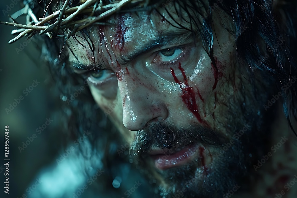 A Close Up Shot of Jesus Christ Wearing a Crown of Thorns A Close Up Shot of Jesus Christ Wearing a Crown of Thorns