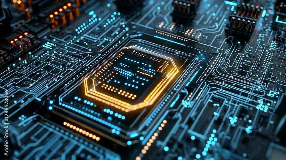 Futuristic circuit board with glowing microchip patterns in dynamic motion Futuristic circuit board with glowing microchip patterns in dynamic motion