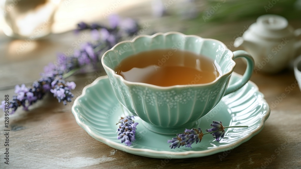 Enjoy a delightful springtime treat with a cup of fragrant lavender tea. Its pastel green saucer adds a touch of elegance to your tea party or high tea experience. Enjoy a delightful springtime treat with a cup of fragrant lavender tea. Its pastel green saucer adds a touch of elegance to your tea party or high tea experience.