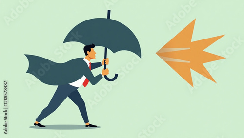 Businessman Sheltering from Economic Crisis Arrow Attack with Umbrella Shield