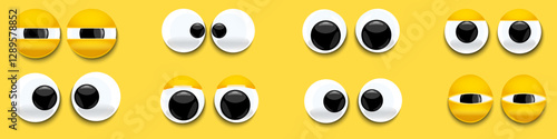 Set of cartoon, comical eyes. Cute character with round eyes and eyelashes. Shiny, bulging, eyes with emotions. Angry looking down, up, left, right. Shaky, stupid, funny pairs of eyes. Vector	