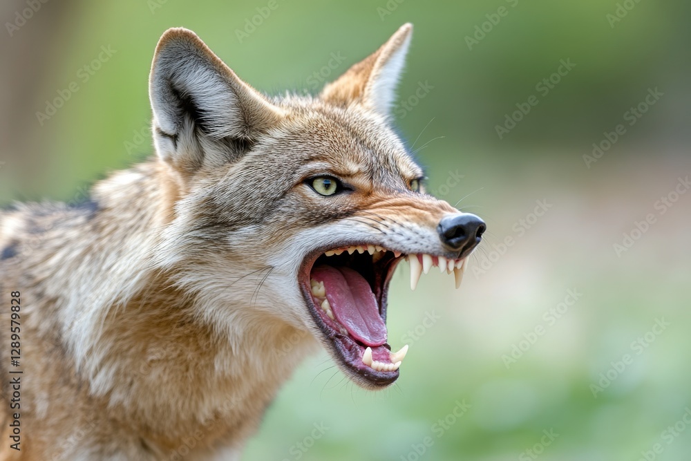 Obraz premium Close-up of a coyote with bared teeth, snarling aggressively, showing sharp fangs, blurred green background.