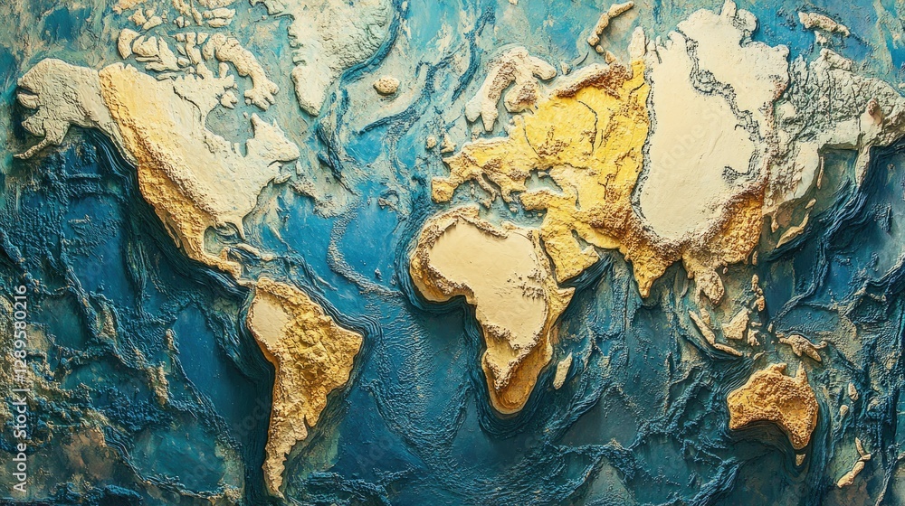 Textured three-dimensional world map, ocean blue, land gold. Textured three-dimensional world map, ocean blue, land gold.