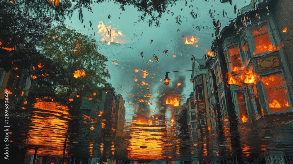 Obraz premium Rainy night, fire reflection, urban puddle.