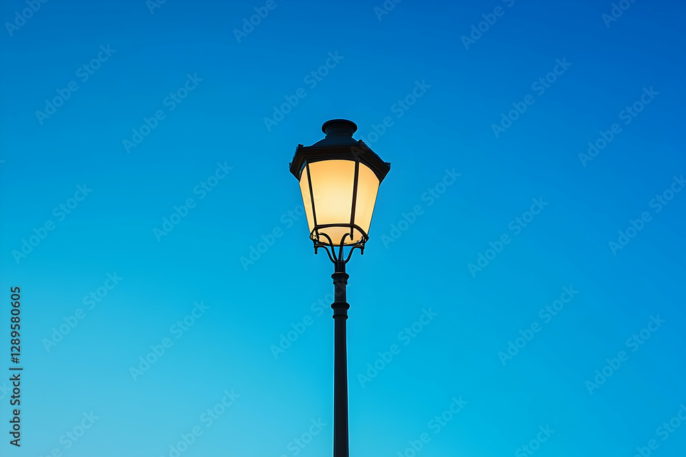 A single street lamp standing tall against a bright blue sky, adding an urban aesthetic A single street lamp standing tall against a bright blue sky, adding an urban aesthetic